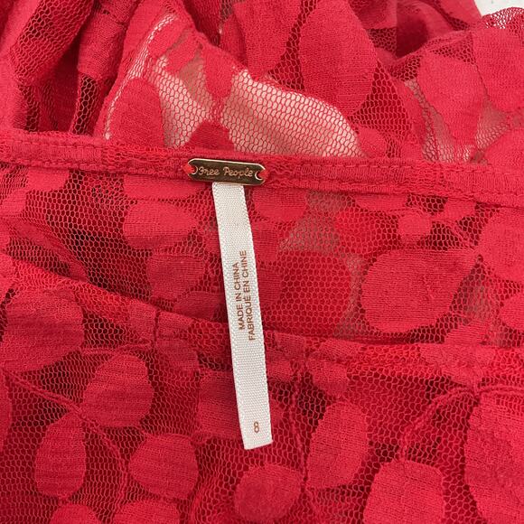 Free People Red Women's Floral Lace Midi Fit & Flare Dress Size 8 Nylon Preowned - Picture 3 of 5